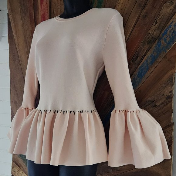 Jonathan Simkai peach fuzz/blush bell sleeve/peplum viscose Sweater Sz L - Picture 1 of 12